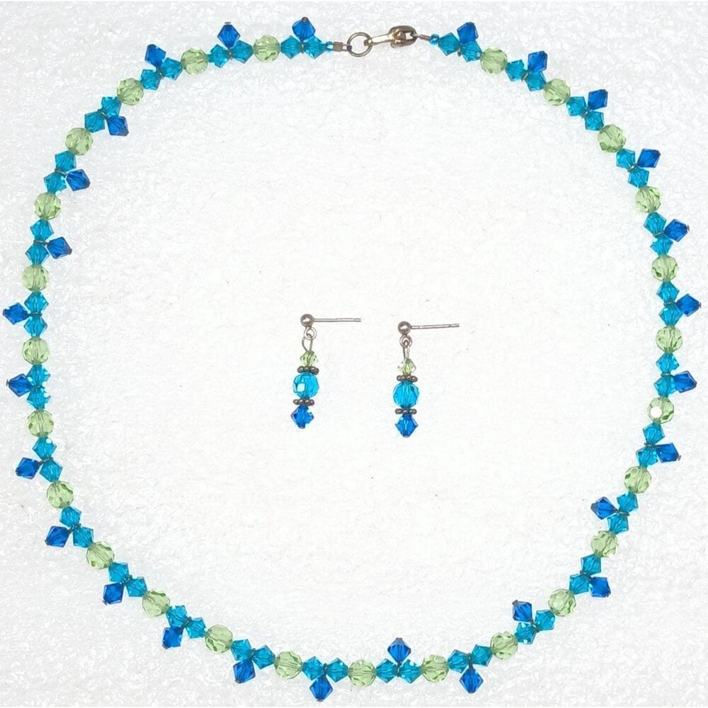 Sterling Silver 925 Vintage Blue Green Bead Necklace Earrings Set